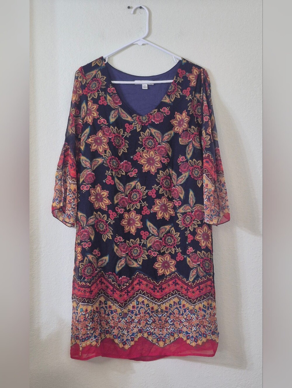 madison leigh Black Floral Shift Dress with Red and Gold Accents